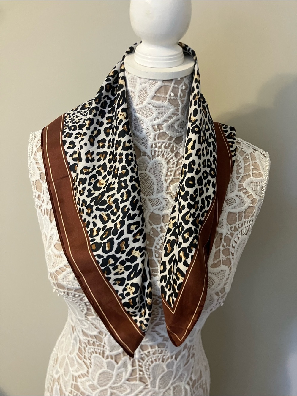 Leopard Print Brown Border Silk-Feel Scarf - Women Accessories